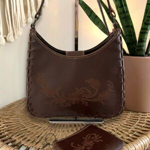 Boho Shoulder Bag Embossed Dark Brown Faux Leather with Coin Pouch